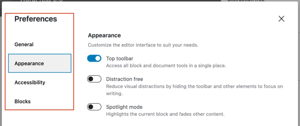 Organized preferences in new wordpress 6.5